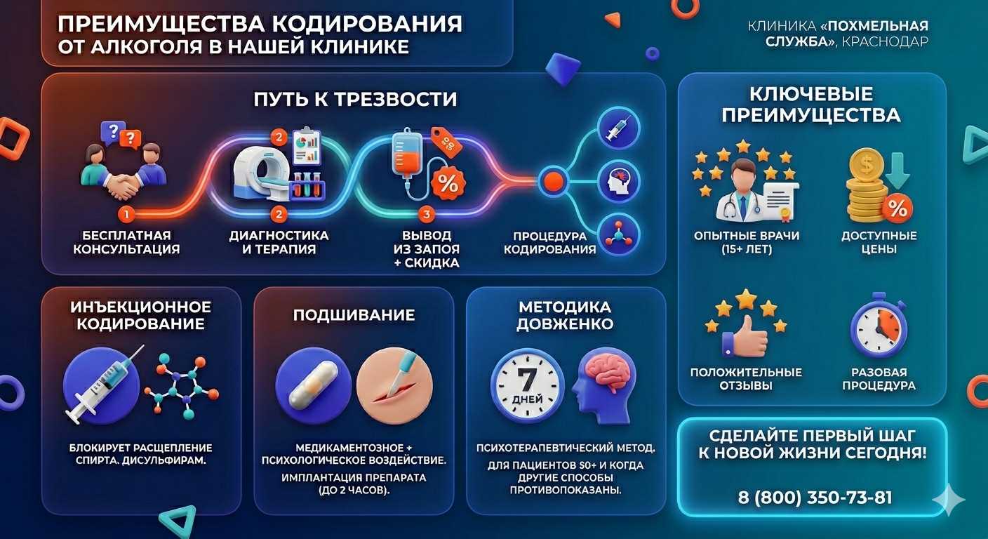 Инфографика о методах кодирования от алкоголя в Апшеронске: инъекции, подшивание, метод Довженко. Преимущества клиники и этапы лечения.