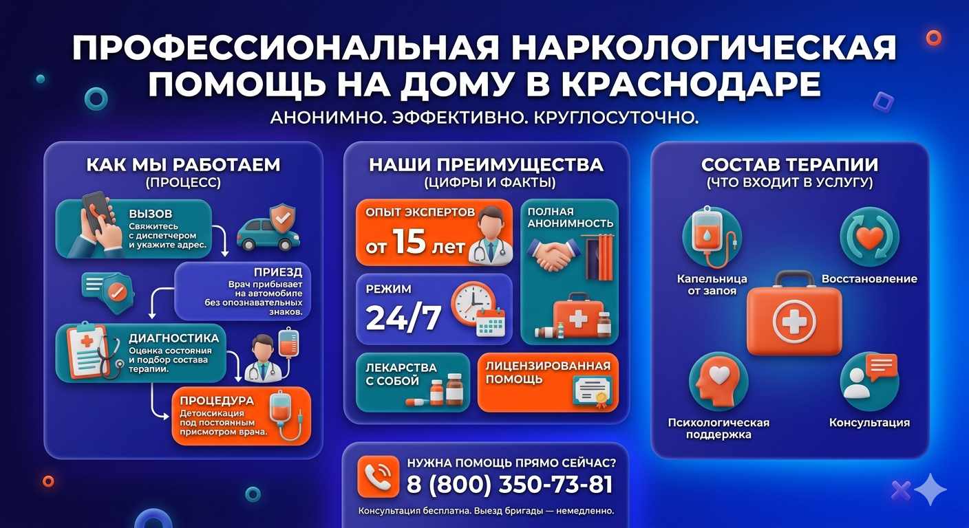 Инфографика о принципах лечения алкоголизма на дому в Апшеронске: этапы вызова нарколога, преимущества анонимной детоксикации и состав медицинской помощи.